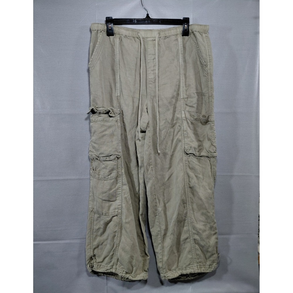 C&C California Linen Blend Baggy Cropped Cargo Pants LG Light Green‎ Wide Leg